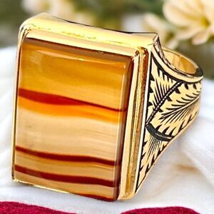 Vintage Ring Size 11 Clark and Coombs Agate 18K Gold Plate Mid-Century MCM 14N